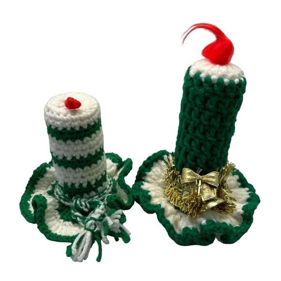 Vtg 70s Crocheted Christmas Candles With Flames Lot of 2 Green White Handmade - Picture 9 of 9